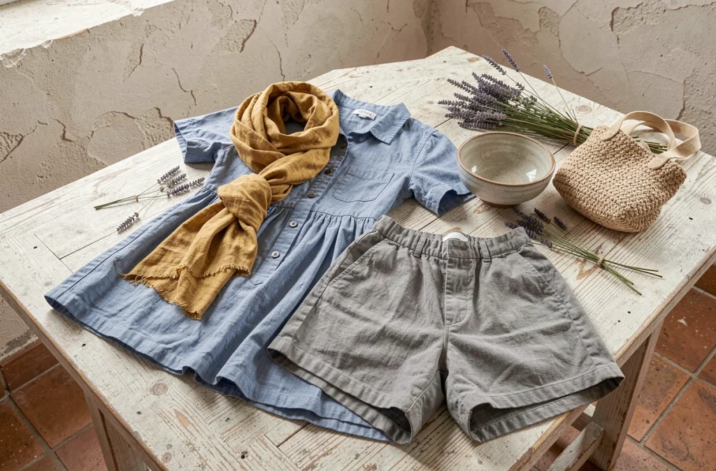 Flat-lay de vêtements en lin posés sur une table en bois patiné avec lavande séchée, sélection mode lin tendance saison estivale