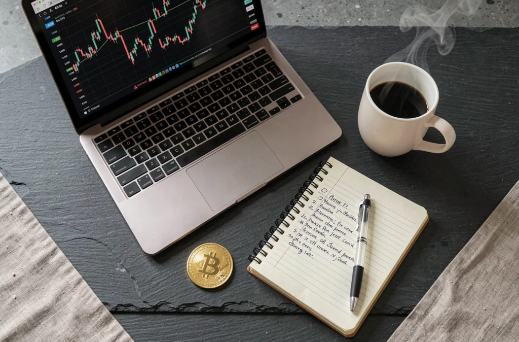 Vue de dessus d'un bureau avec un ordinateur portable affichant un graphique Bitcoin, un token et des notes d'investissement