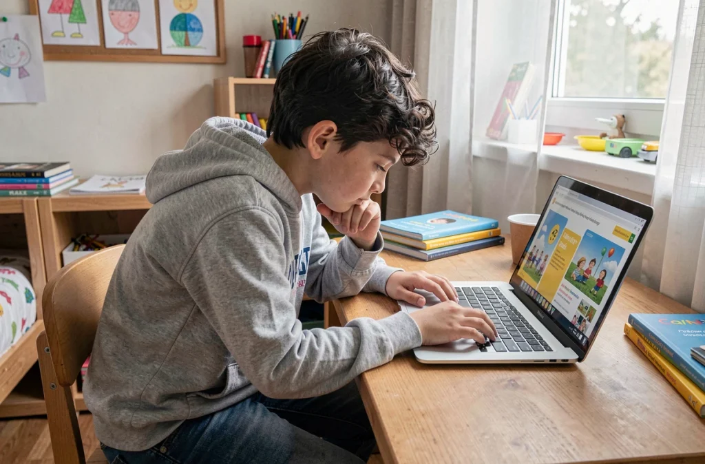 Garçon penché très près d'un écran d'ordinateur portable dans sa chambre, montrant les effets des écrans sur le développement visuel des enfants
