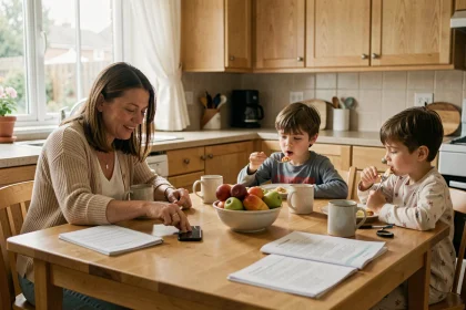 Une mère posant son smartphone pendant le petit-déjeuner familial sans écrans
