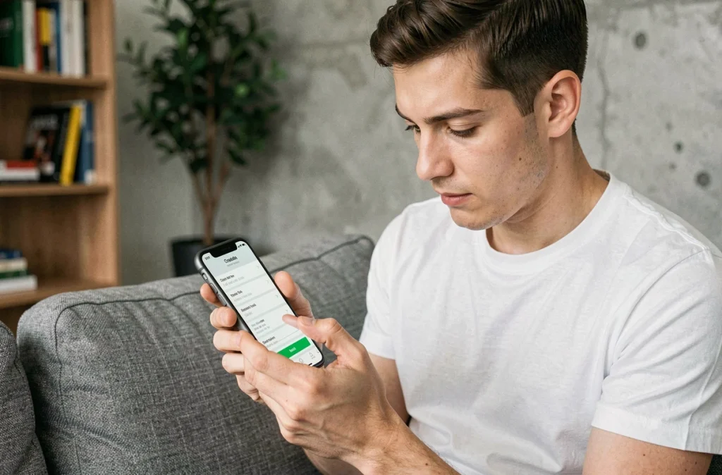 Jeune homme gérant ses frais bancaires sur une application mobile depuis son canapé