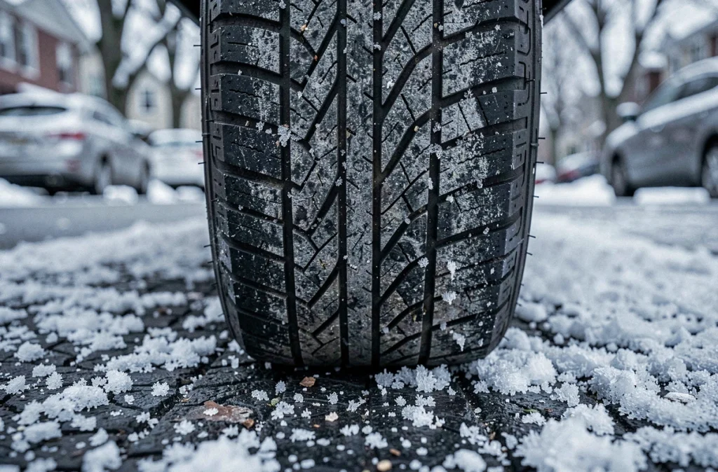 Gros plan sur la bande de roulement d'un pneu quatre saisons sur route enneigée en hiver