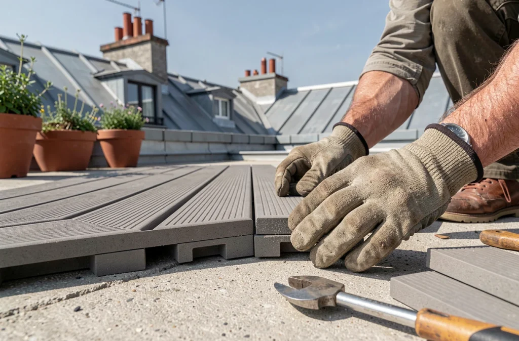 Gros plan sur l'assemblage de dalles de terrasse composite emboîtables sur une toiture-terrasse parisienne