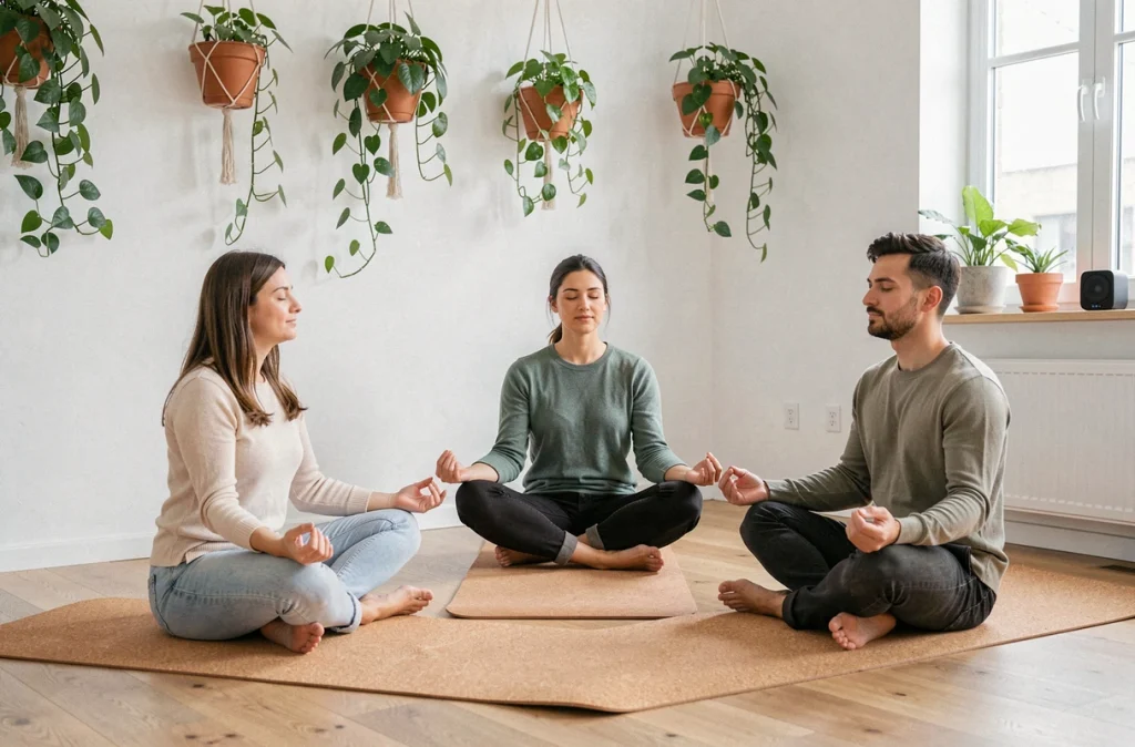 Groupe de collègues méditant ensemble dans une salle de bien-être d'entreprise pour gérer le stress au travail