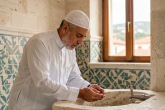 Homme musulman effectuant les ablutions dans une mosquée de Nice avant la prière