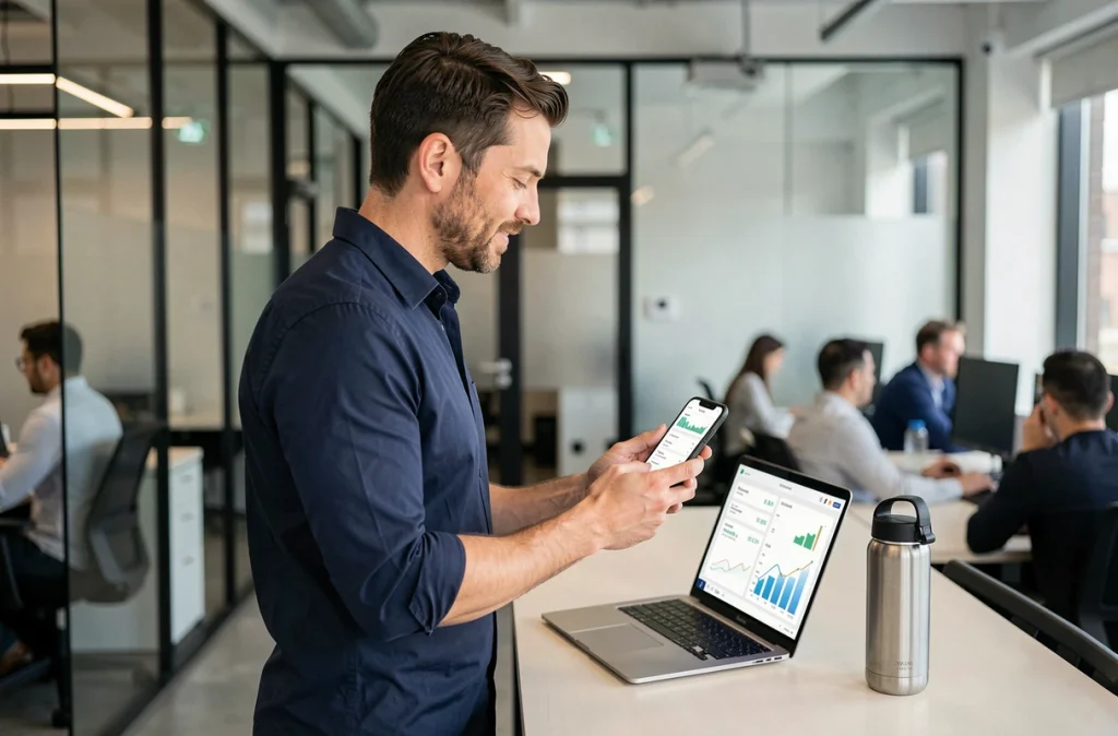 Homme d'affaires consultant une application de gestion financière sur smartphone dans un bureau moderne