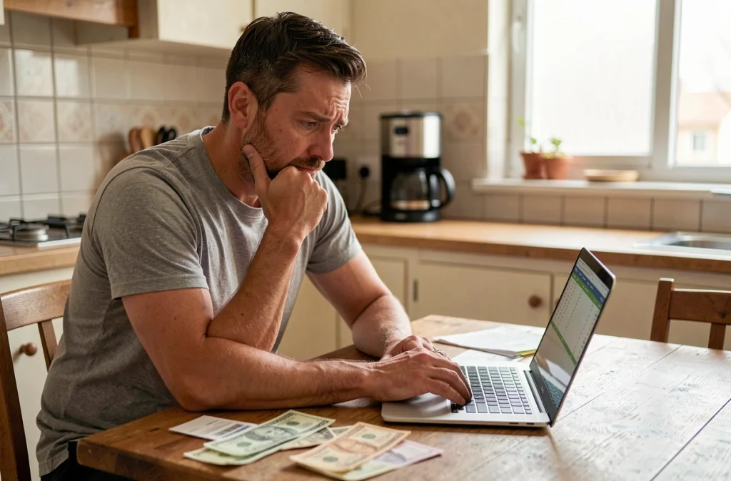 Homme gérant son budget familial face à la hausse des prix et à la perte de pouvoir d'achat en 2024