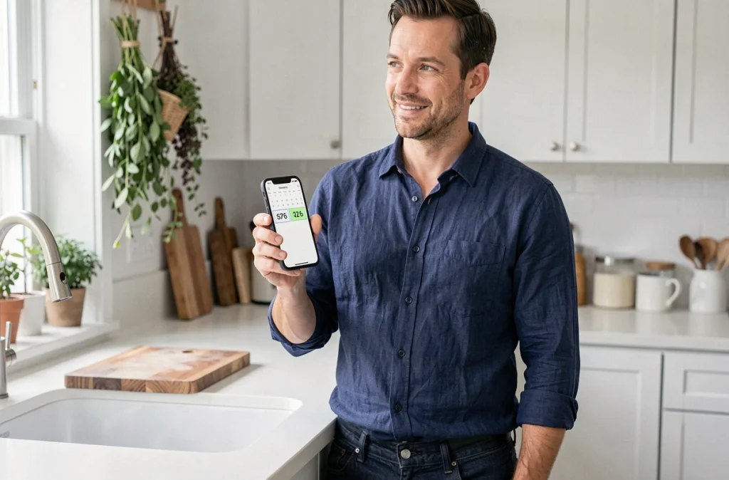 Homme consultant un calendrier numérique sur smartphone dans une cuisine moderne, calculant le nombre de semaines entre deux fêtes importantes de 2026