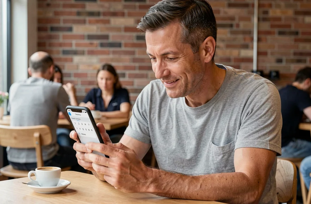 Homme jouant à Cemantix sur smartphone dans un café urbain, concentré sur un jeu de devinettes sémantiques quotidien