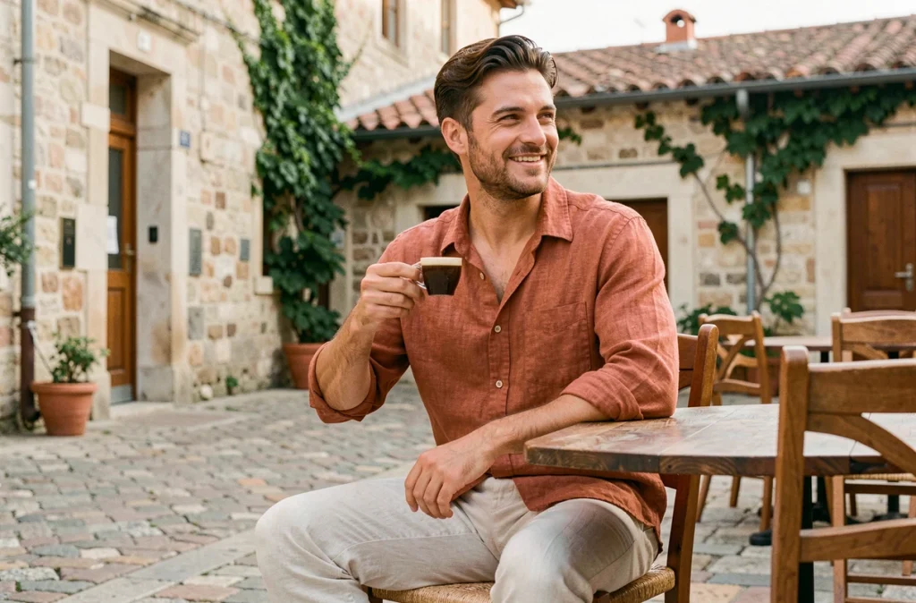 Homme en chemise et pantalon de lin terracotta assis en terrasse de café, tendance mode lin homme été