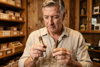 Homme examinant un cigare fait main et un cigare de machine dans une boutique de cigares en bois