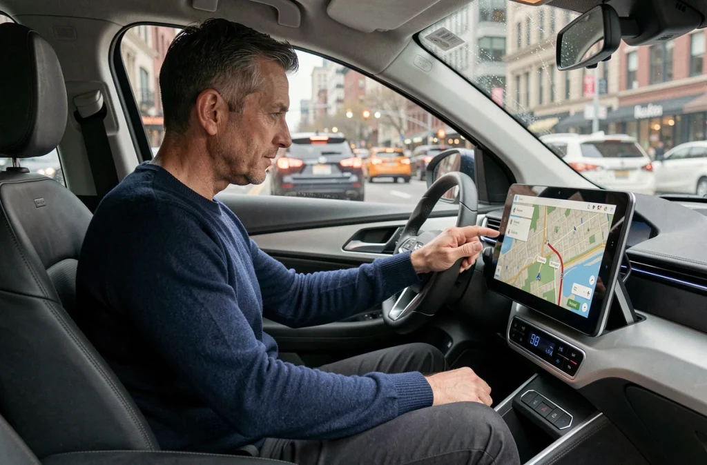 Homme en autopartage consultant l'itinéraire sur l'écran de bord d'une voiture partagée