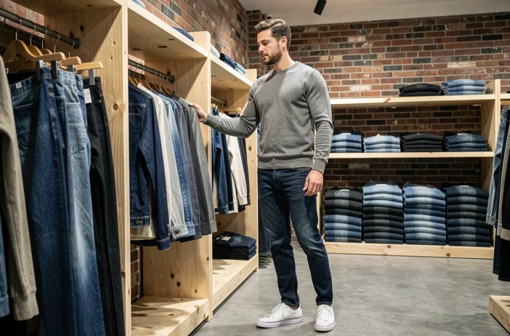 Homme en jean brut indigo et pull gris dans une boutique denim contemporaine avec murs en brique et étagères en bois brut