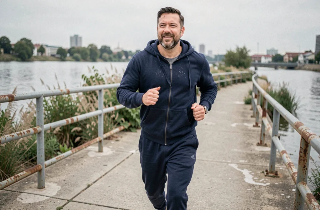Homme en train de jogger le long d'une rivière, illustrant l'amélioration des capacités respiratoires après avoir arrêté de fumer