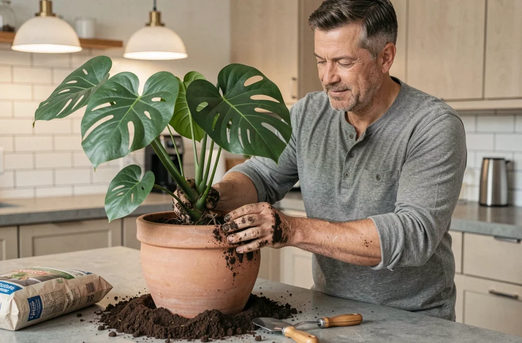 Homme en train de rempoter un monstera deliciosa sur un plan de travail de cuisine moderne, plante d'intérieur populaire et facile à entretenir