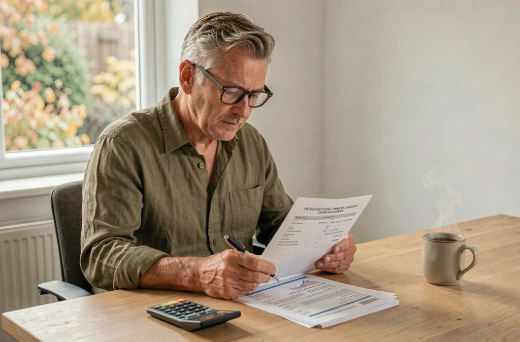 Homme retraité analysant ses relevés d'épargne et de pension dans un bureau à domicile