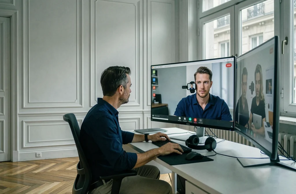 Homme en réunion vidéo en télétravail dans un appartement parisien de style haussmannien