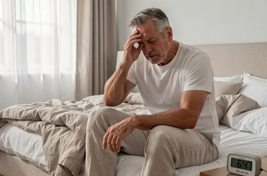 Homme mature se réveillant le matin, symbolisant les effets d'un sommeil insuffisant sur la prévention des maladies chroniques