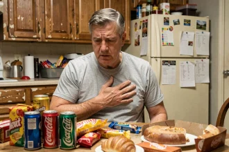 Homme d'âge mûr assis devant des produits sucrés tenant sa poitrine, illustrant les risques cardiovasculaires liés à la consommation excessive de sucre