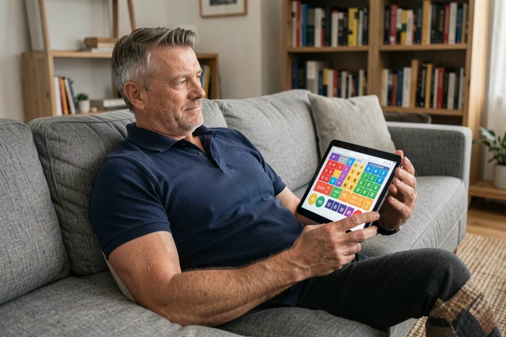 Homme adulte cherchant la solution de 4 Images 1 Mot sur tablette dans un salon