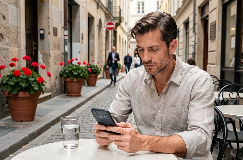 Homme assis en terrasse de café regardant son téléphone affichant 14h41, illustrant la prise de conscience de l'heure miroir dans la vie quotidienne