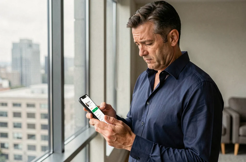 Homme consultant des avis en ligne sur son smartphone, cherchant à évaluer la sécurité et la fiabilité d'un service numérique