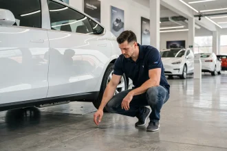 Ingénieur automobile inspectant une voiture électrique blanche dans un showroom moderne, illustrant l'essor des véhicules électriques sur le marché automobile