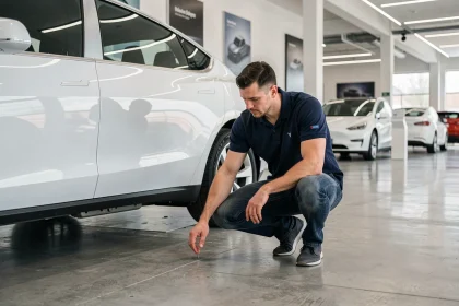 Ingénieur automobile inspectant une voiture électrique blanche dans un showroom moderne, illustrant l'essor des véhicules électriques sur le marché automobile