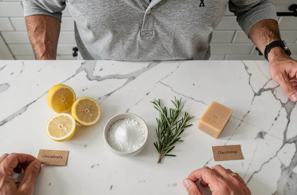Ingrédients naturels pour fabriquer des produits ménagers maison disposés en flat lay sur marbre
