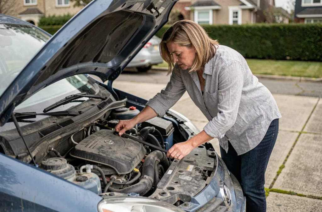 Femme inspectant le compresseur de climatisation sous le capot d'une voiture dans une allée résidentielle