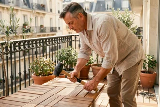 Homme installant des dalles de terrasse en bois emboîtables sur un balcon ensoleillé