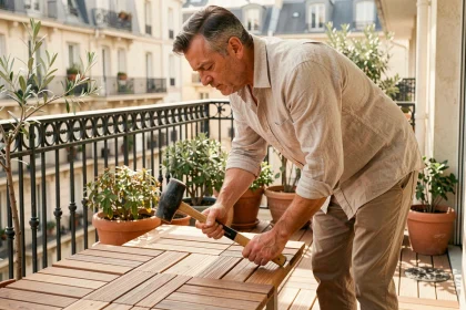 Homme installant des dalles de terrasse en bois emboîtables sur un balcon ensoleillé