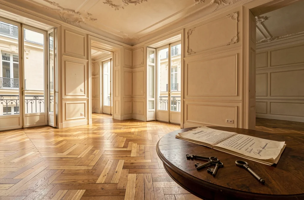Intérieur d'un appartement haussmannien avec parquet ancien, moulures et acte notarié sur une table, symbolisant le marché des maisons anciennes en 2024