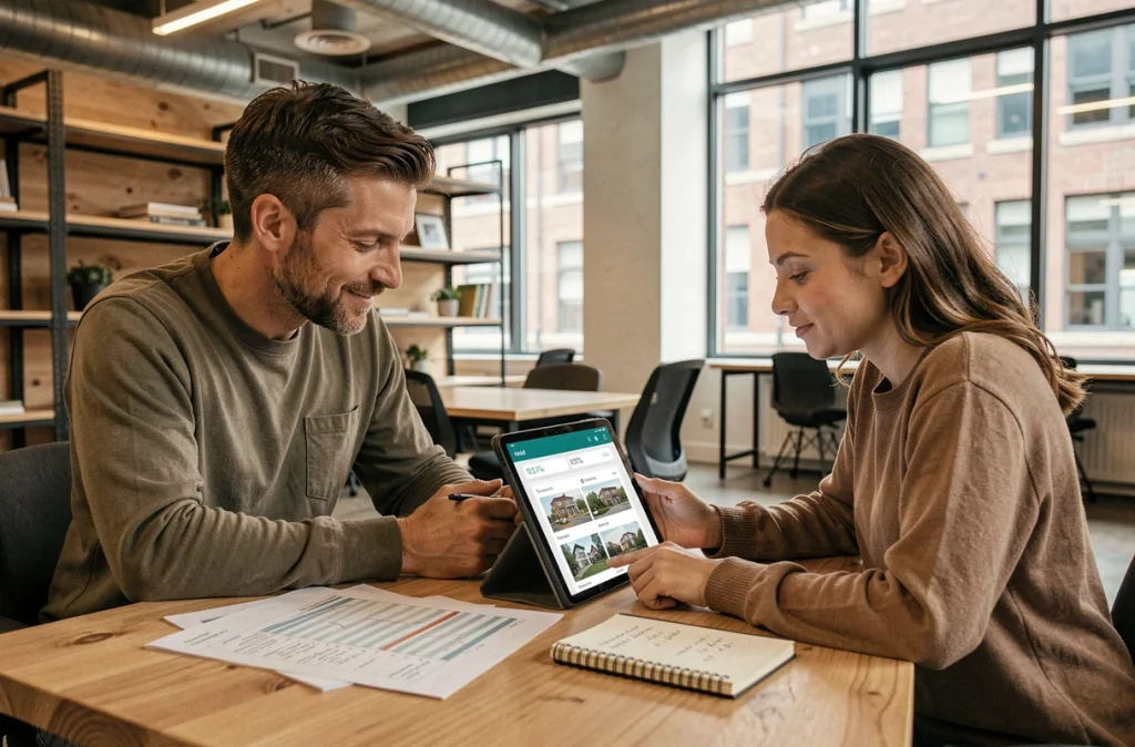 Deux investisseurs étudiant des rendements locatifs de petites surfaces en co-working