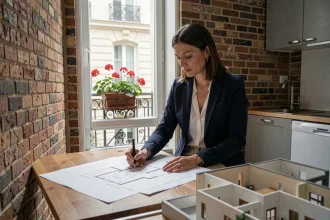 Investisseuse immobilière analysant des plans d'un petit appartement parisien