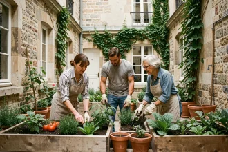Résidents d'une copropriété urbaine travaillant ensemble dans un jardin partagé avec des bacs potagers en bois et une façade en pierre