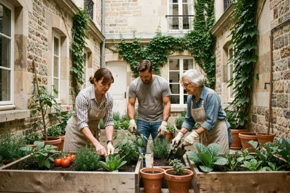 Résidents d'une copropriété urbaine travaillant ensemble dans un jardin partagé avec des bacs potagers en bois et une façade en pierre