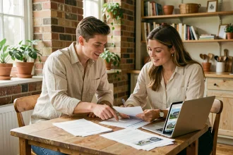 Jeune couple étudiant un contrat de viager autour d'une table en bois avec des documents immobiliers