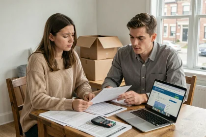 Jeune couple de primo-accédants examinant des documents de prêt immobilier à leur table, inquiets face à la hausse des taux d'intérêt
