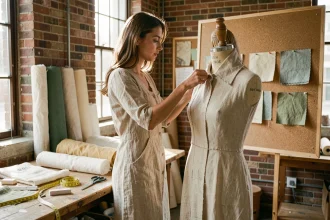 Jeune créatrice de mode éco-responsable travaillant sur une robe en lin naturel dans un atelier artisanal avec des matières durables