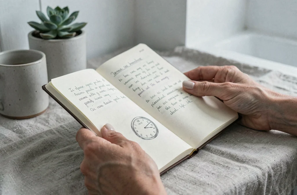 Mains féminines tenant un journal intime ouvert avec des notes manuscrites et un dessin d'horloge à 14h41, évoquant la signification spirituelle de l'heure miroir