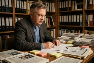 Journaliste analysant des documents et théories dans un bureau éditorial encombré