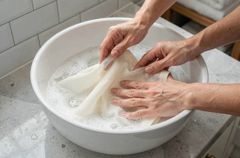 Mains lavant délicatement des rideaux en voile ivoire dans un bac d'eau savonneuse