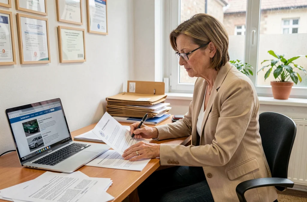 Fonctionnaire examinant la nouvelle législation française sur les vitres teintées des véhicules dans un bureau administratif