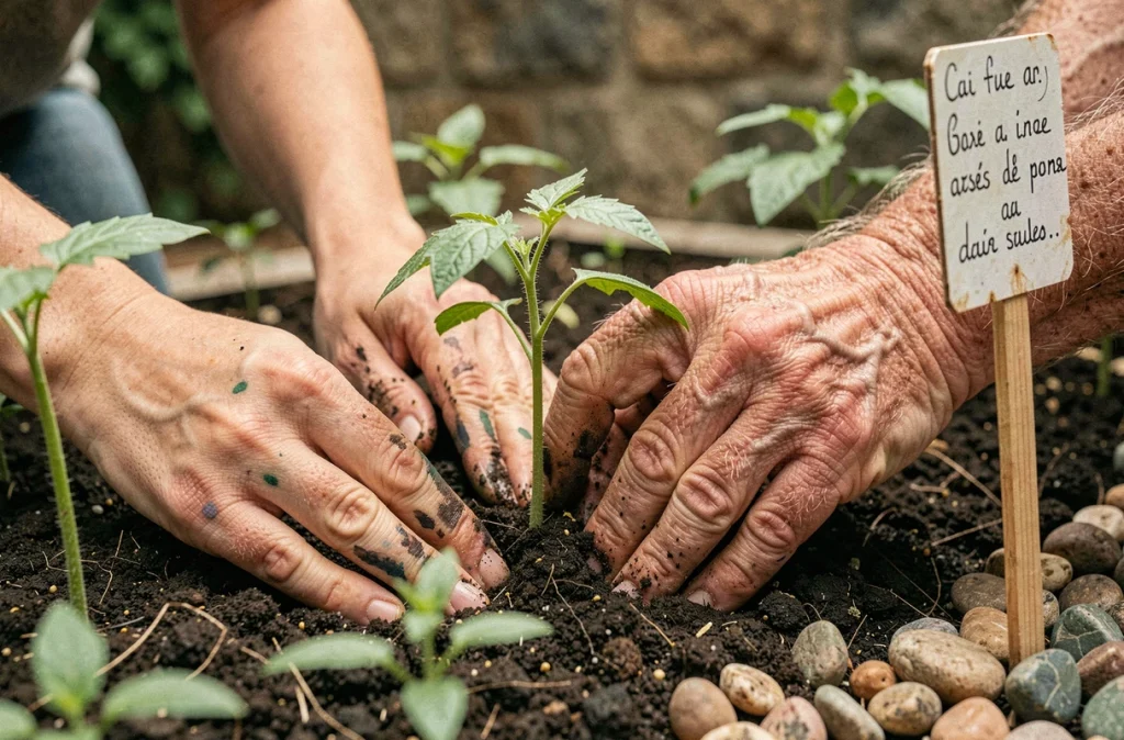 Gros plan sur deux paires de mains plantant un jeune plant de tomate dans la terre d'un jardin partagé de copropriété