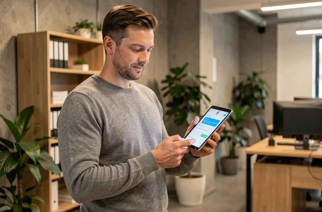 Manager RH consultant une application d'intelligence artificielle sur tablette pour la gestion de l'intégration des employés