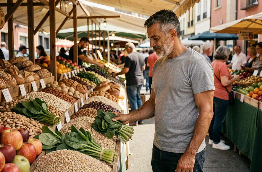 Homme adulte choisissant des aliments sains riches en fibres sur un marché fermier pour prévenir le diabète de type 2