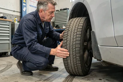 Mécanicien inspectant un pneu quatre saisons sur une voiture dans un garage automobile