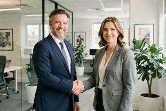 Poignée de main entre dirigeants de PME lors d'un accord de mécénat d'entreprise dans un bureau moderne