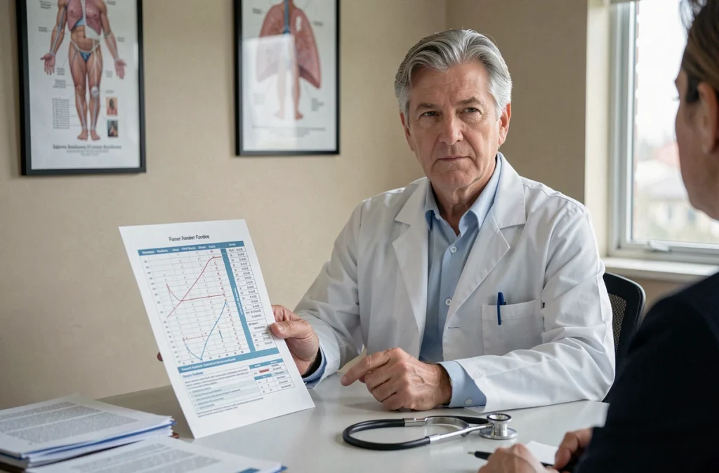 Médecin montrant un graphique de fonction pulmonaire à un patient lors d'une consultation sur l'arrêt du tabac